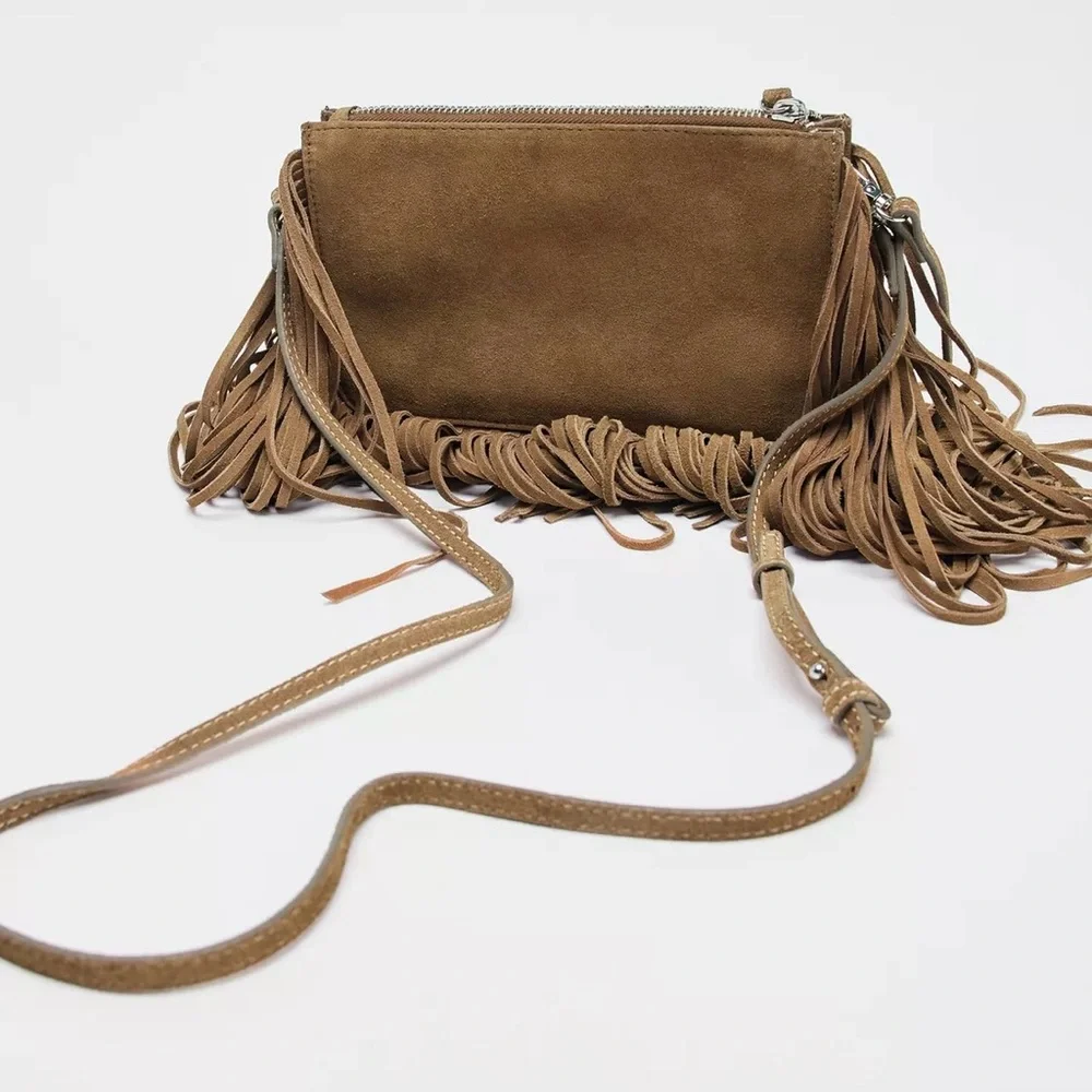 ZARA Leather Fringed Crossbody Bag - Brown